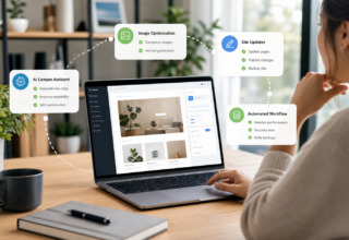 AI-assisted WordPress website management workflow on a laptop with update and optimisation cards