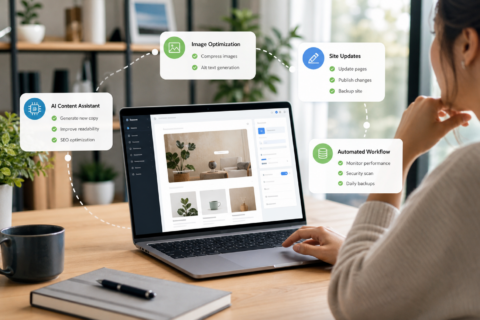 AI-assisted WordPress website management workflow on a laptop with update and optimisation cards