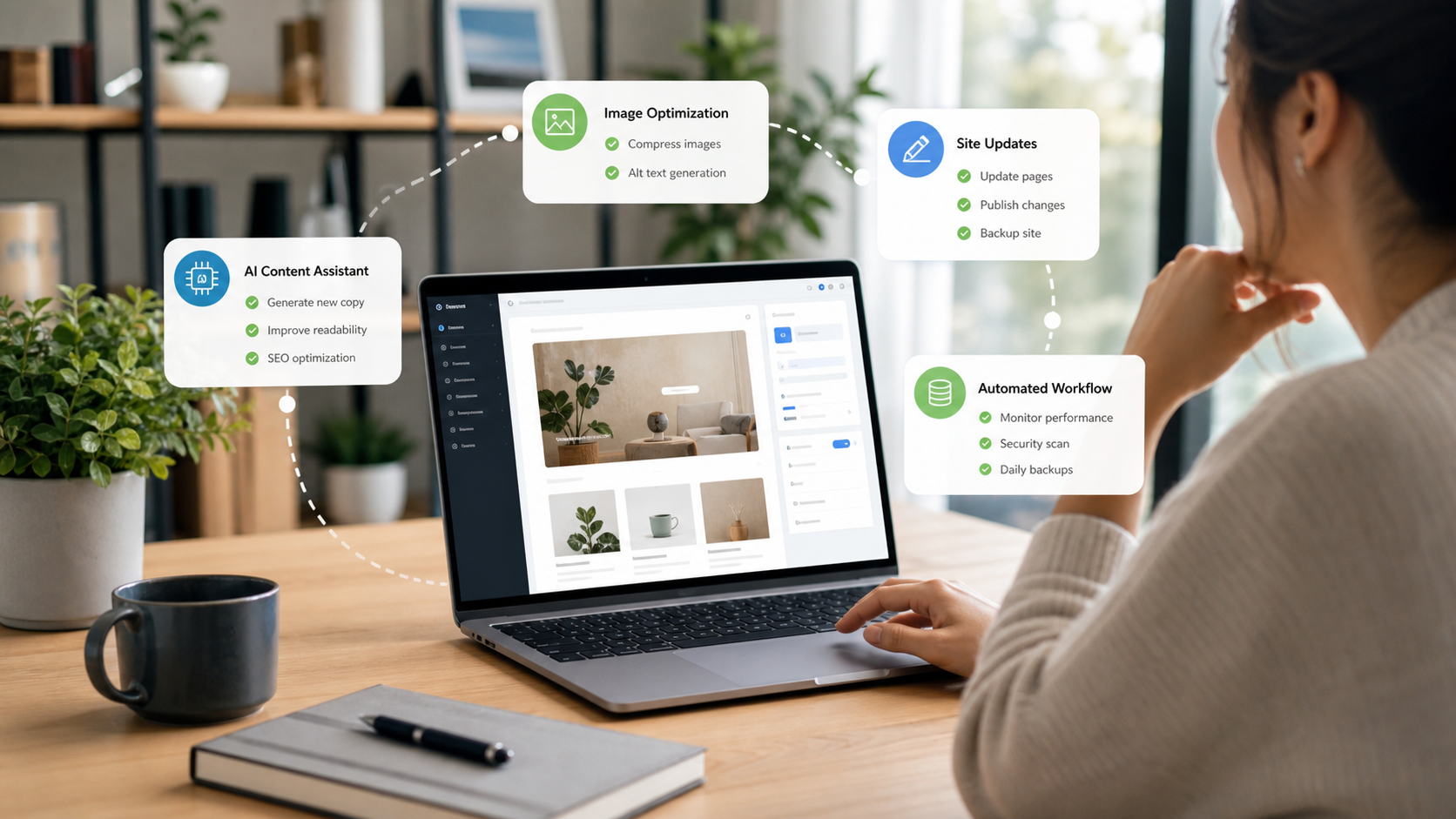 Stop Editing WordPress Manually: How AI Agents Can Manage Website Updates 1 AI-assisted WordPress website management workflow on a laptop with update and optimisation cards