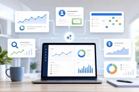 AI marketing automation stack connecting content planning, SEO, CRM, paid search and reporting workflows
