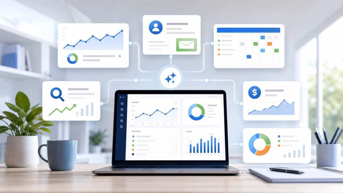 AI marketing automation stack connecting content planning, SEO, CRM, paid search and reporting workflows