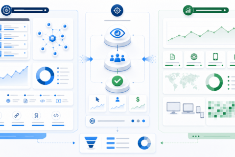Comparison diagram of citation-focused and impression-focused AI search measurement systems connected to sessions and conversions