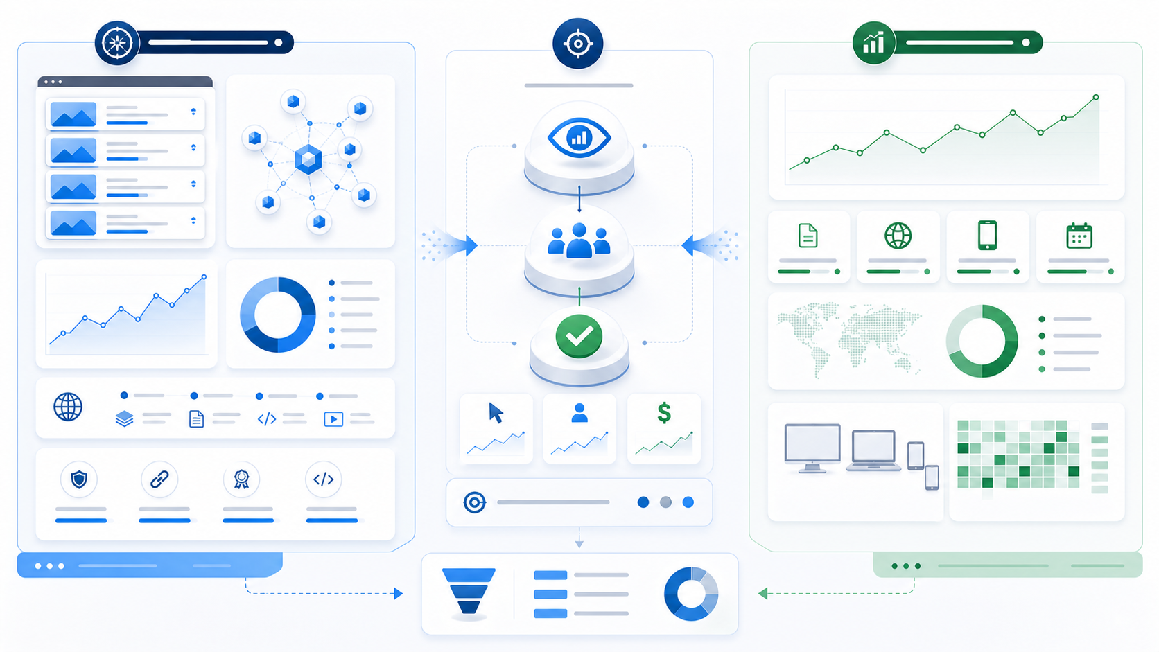 Comparison diagram of citation-focused and impression-focused AI search measurement systems connected to sessions and conversions