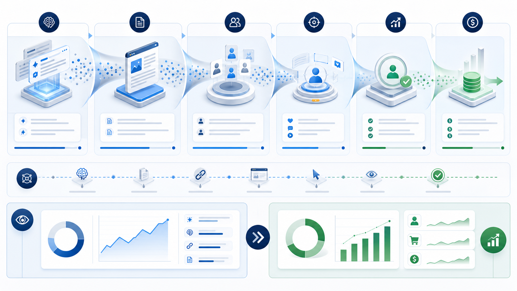 Measurement funnel connecting AI citations and cited pages to website engagement, assisted conversions and revenue