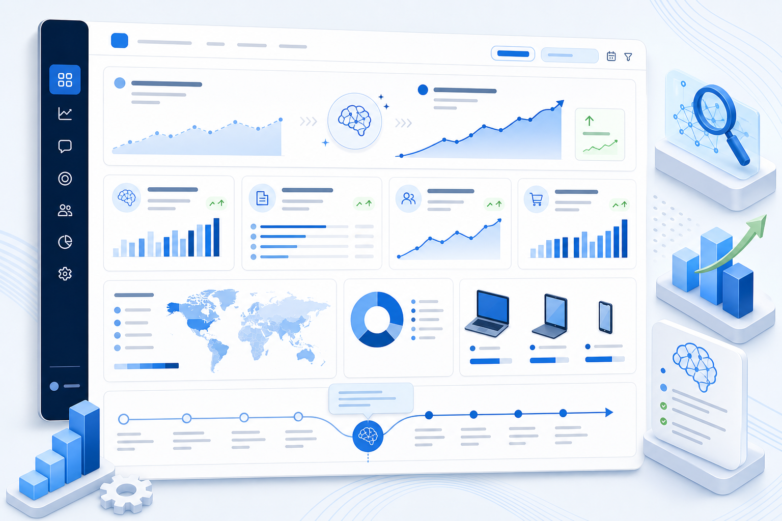 Dashboard mockup comparing generative AI impressions, cited landing pages, engaged sessions and assisted conversions before and after content improvements
