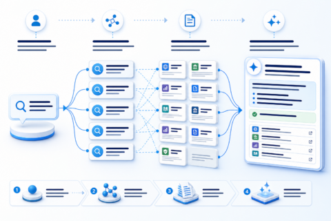 Workflow diagram showing one user query expanding into related searches, retrieving evidence pages and producing an AI Overview with cited sources