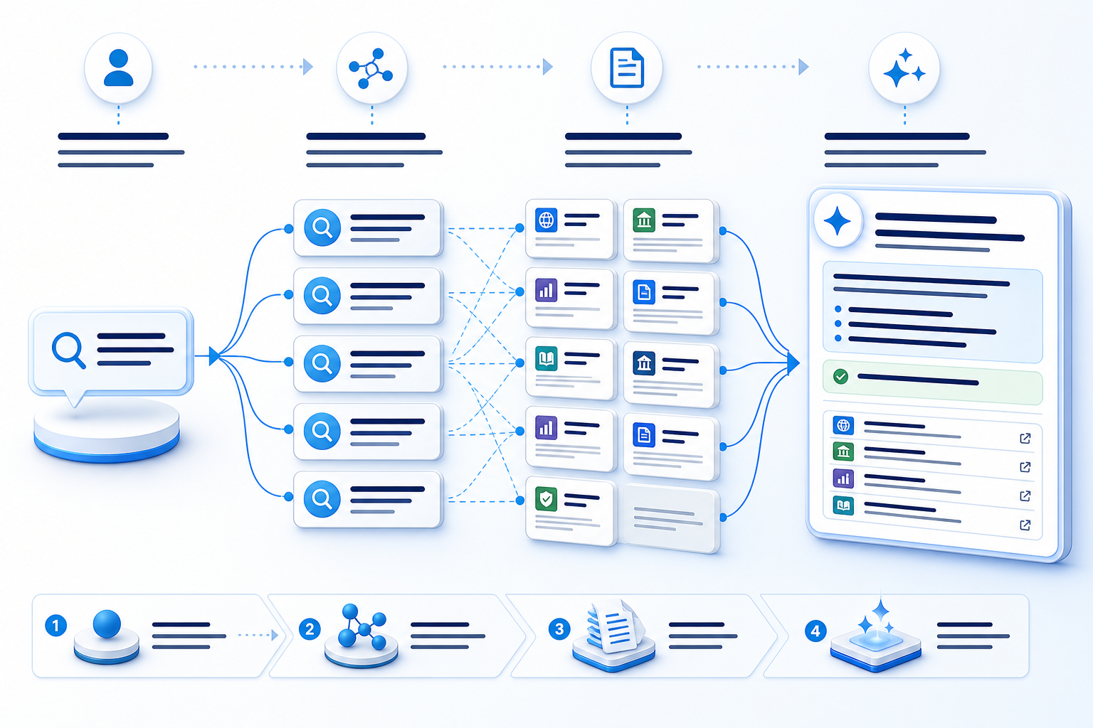 Workflow diagram showing one user query expanding into related searches, retrieving evidence pages and producing an AI Overview with cited sources