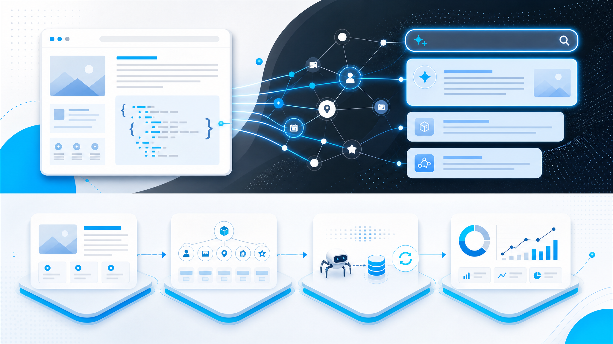 Four-layer process for visible content, structured data, indexing freshness and measurement