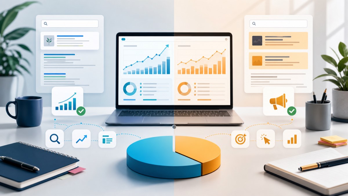 SEO and SEA budget allocation dashboard with organic search and paid search performance charts