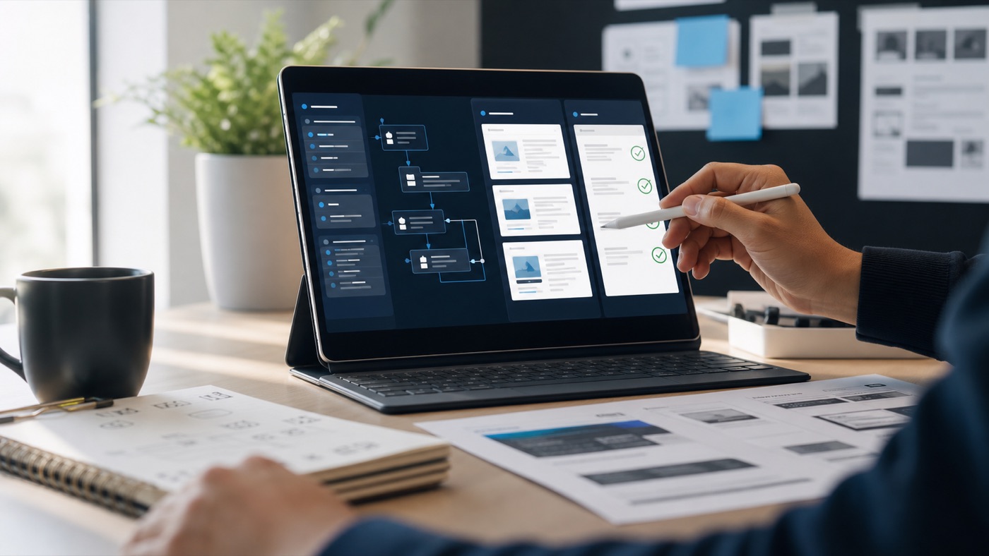 Workflow de marketing IA sur tablette avec contenu contrôlé et étapes de validation