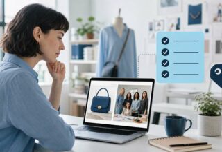 Small business owner reviewing product and team images with an image-publishing checklist