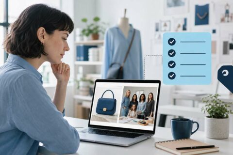 Small business owner reviewing product and team images with an image-publishing checklist