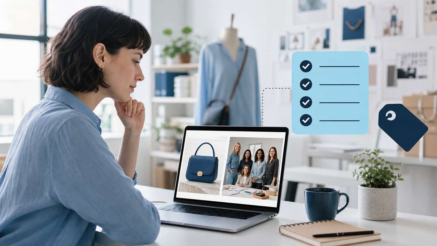 Small business owner reviewing product and team images with an image-publishing checklist