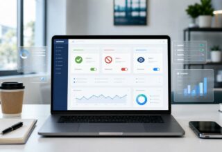 Laptop dashboard showing allow, block and monitor controls for AI crawler access policy