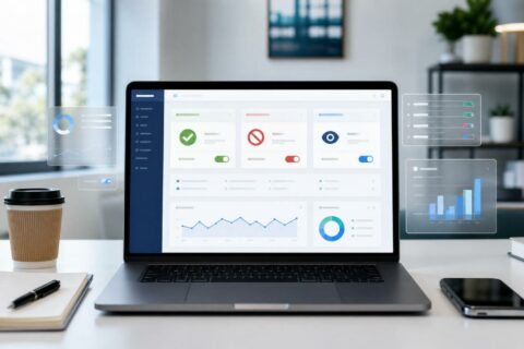 Laptop dashboard showing allow, block and monitor controls for AI crawler access policy