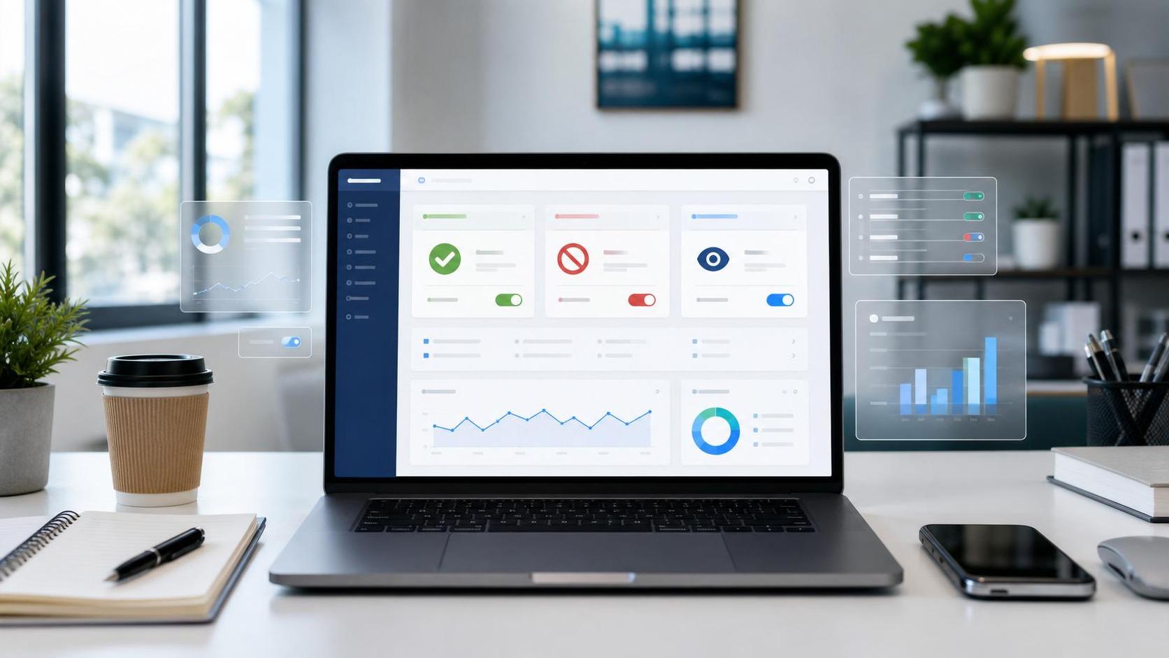 AI Crawler Controls in 2026: Allow, Block or Monitor? 1 Laptop dashboard showing allow, block and monitor controls for AI crawler access policy