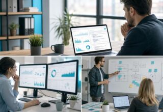 Marketing manager reviewing AI visibility and performance dashboards