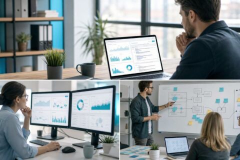 Marketing manager reviewing AI visibility and performance dashboards
