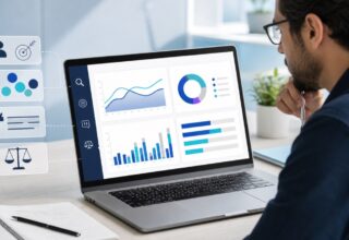 Small business consultant reviewing AI visibility analytics for intent, topics, citation share and comparison