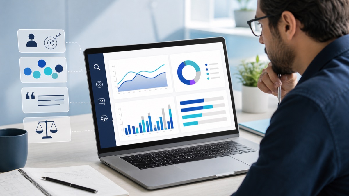 Small business consultant reviewing AI visibility analytics for intent, topics, citation share and comparison