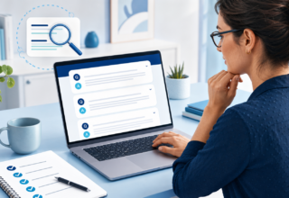 Small business owner reviewing a website FAQ page and customer-answer checklist on a laptop