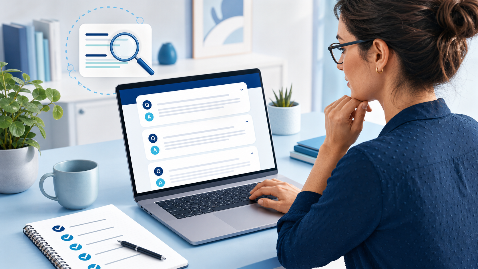 FAQ Pages After Google Retires FAQ Rich Results: A Small Business Guide 1 Small business owner reviewing a website FAQ page and customer-answer checklist on a laptop
