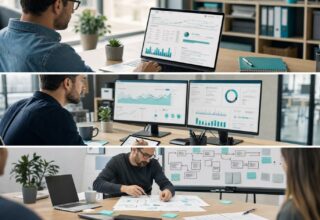 Small business owner reviewing website analytics and search visibility on a laptop