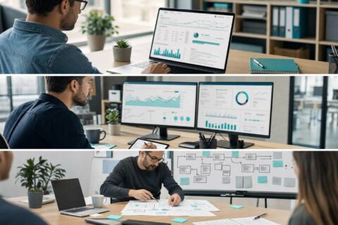 Small business owner reviewing website analytics and search visibility on a laptop
