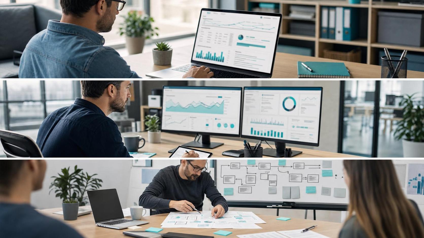 Small business owner reviewing website analytics and search visibility on a laptop