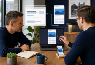 Small business owner and web consultant reviewing a mobile website and direct search path on laptop and smartphone