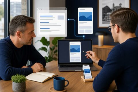 Small business owner and web consultant reviewing a mobile website and direct search path on laptop and smartphone