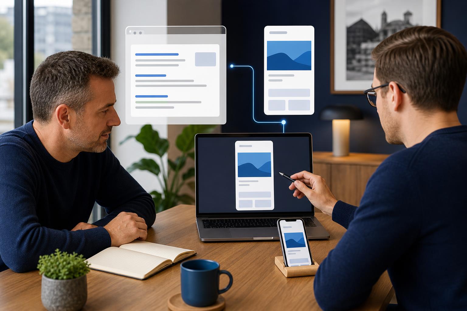 Small business owner and web consultant reviewing a mobile website and direct search path on laptop and smartphone