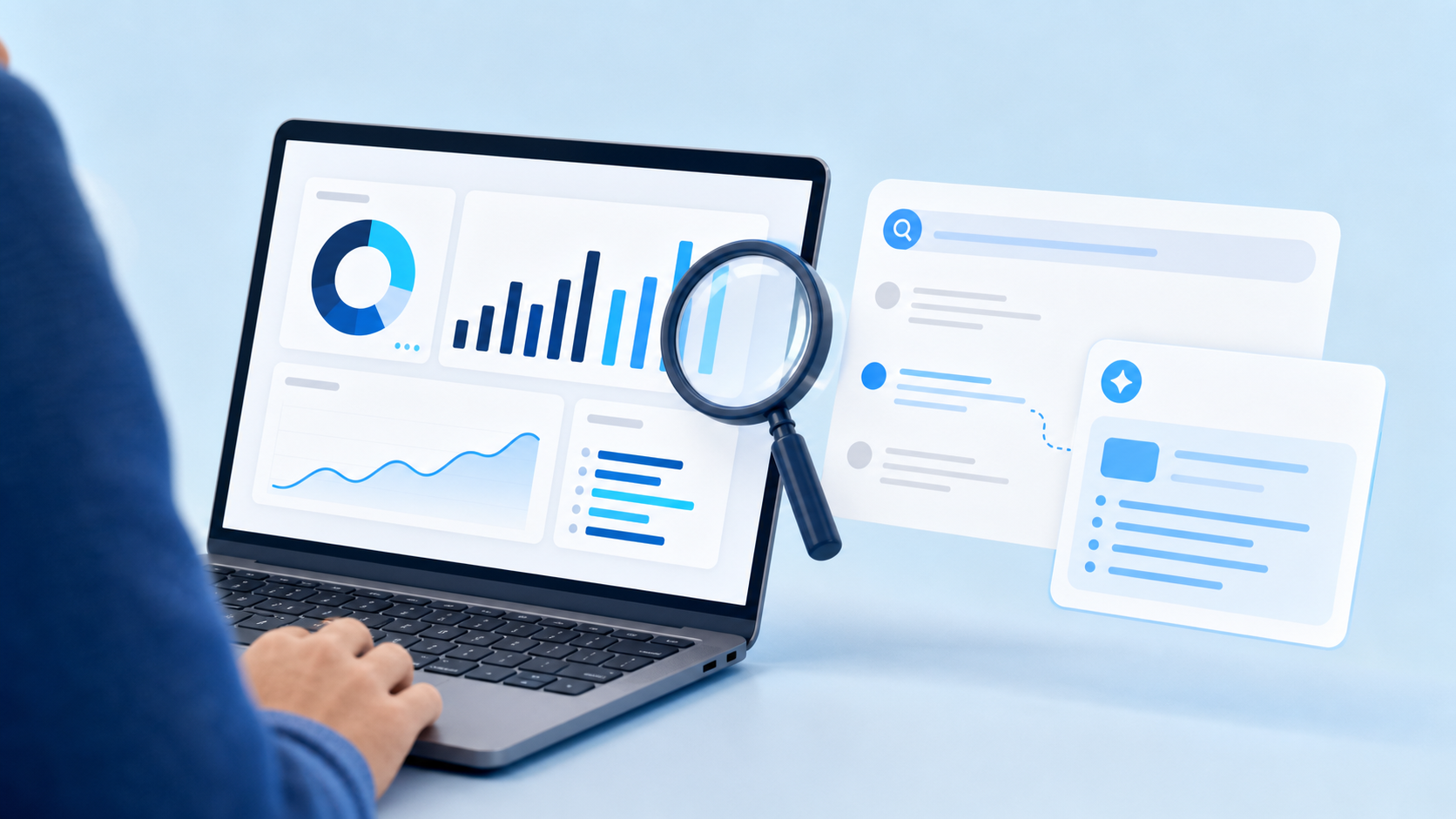 Small business owner reviewing a website visibility dashboard with search and AI-result cards