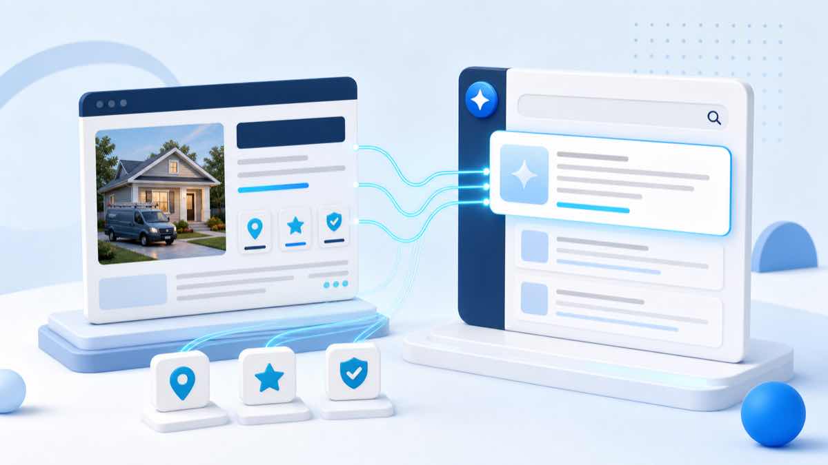 Illustration of a small business service page connected to a trusted AI search answer by location, review and verification signals