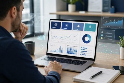 Marketer reviewing platform property analytics across search, video, social and AI visibility