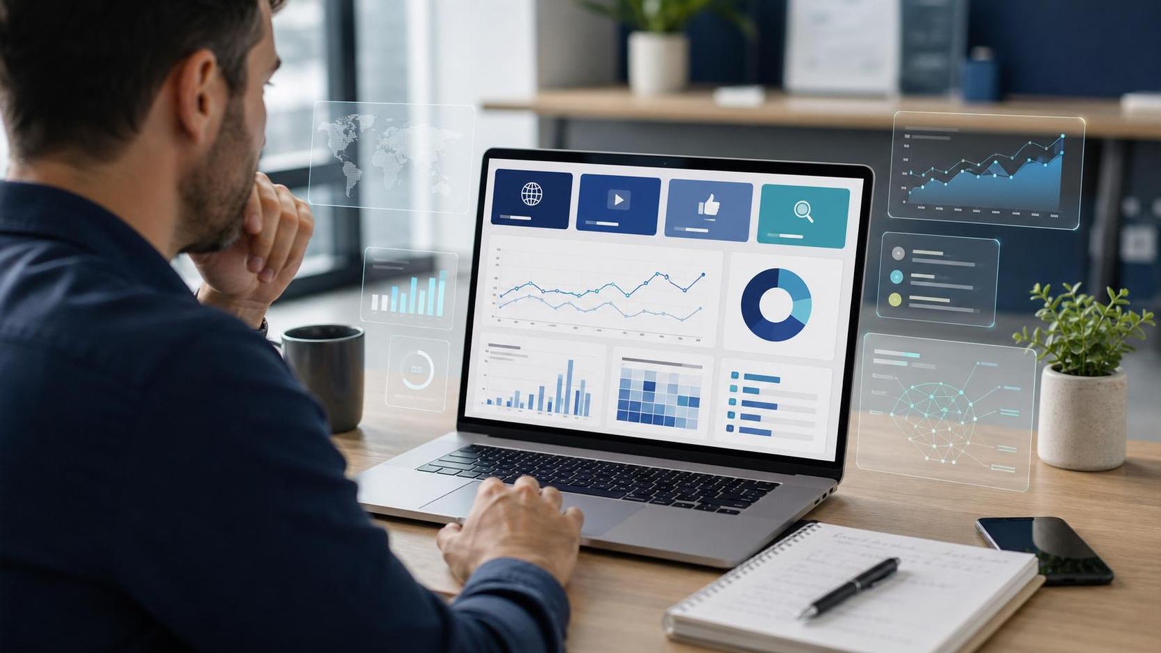 Marketer reviewing platform property analytics across search, video, social and AI visibility