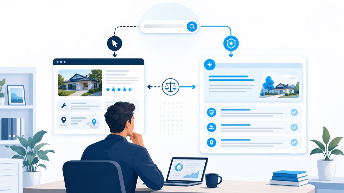Illustration of a small business owner comparing website click results with a trusted AI search answer that shows service proof, reviews and location details