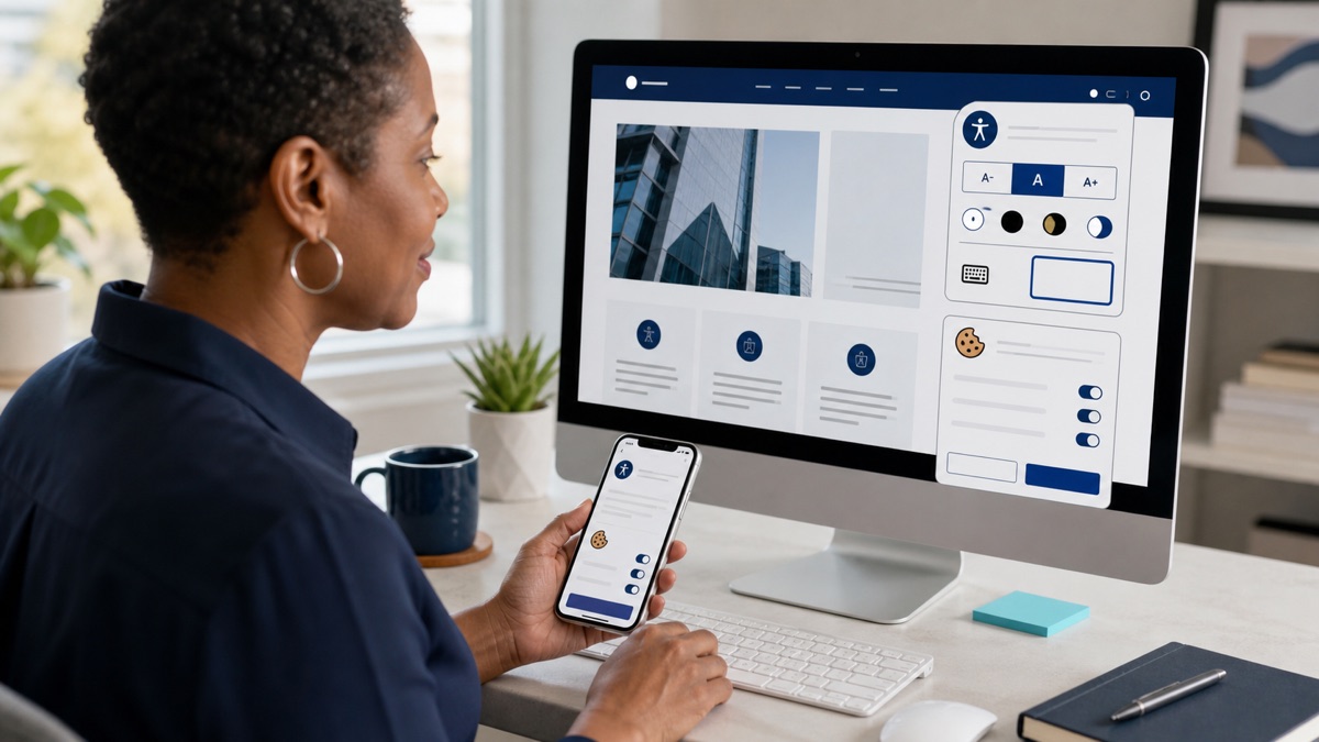 Small Business Website Accessibility and Cookie Consent: A Practical Checklist 1 Small business owner reviewing an accessible website on desktop and mobile