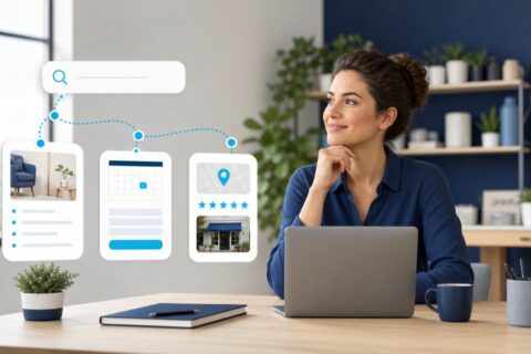 Small business owner reviewing a connected AI search customer journey with service, booking and local proof touchpoints