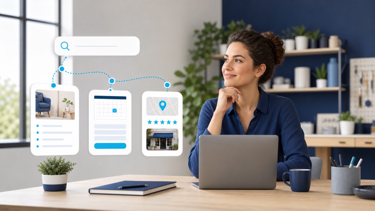 Small business owner reviewing a connected AI search customer journey with service, booking and local proof touchpoints