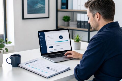 Small business website owner reviewing a security update with a backup checklist and confirmation