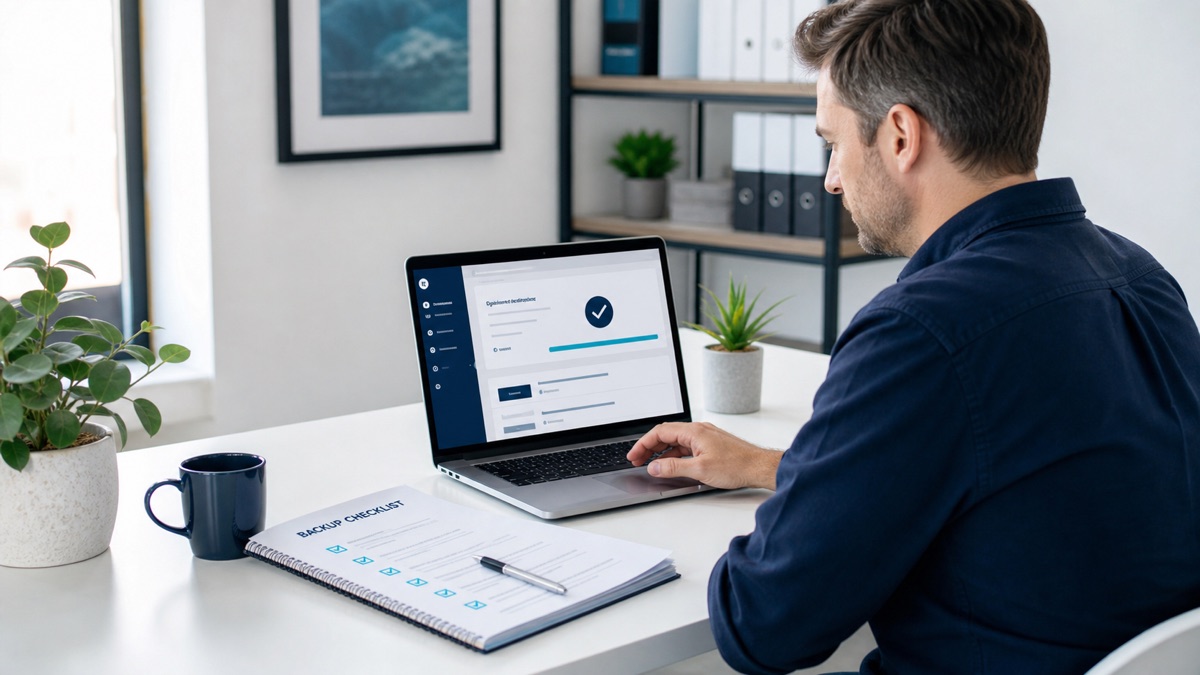 WordPress 7.0.2 Security Update: What Small Businesses Should Do Now 1 Small business website owner reviewing a security update with a backup checklist and contact-form confirmation
