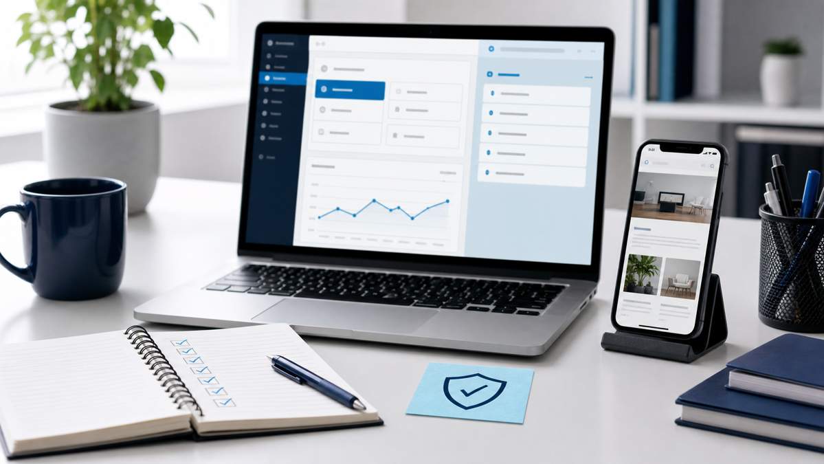 WordPress 7.1 Beta: What Small Business Website Owners Should Test 1 Laptop with a website administration dashboard, a mobile website preview and a testing checklist on a desk