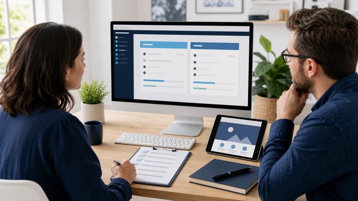 WordPress 7.1 Beta: A Small Business Staging and Maintenance-Mode Checklist 1 Small business team reviewing a WordPress staging dashboard, update checklist and maintenance-mode preview.
