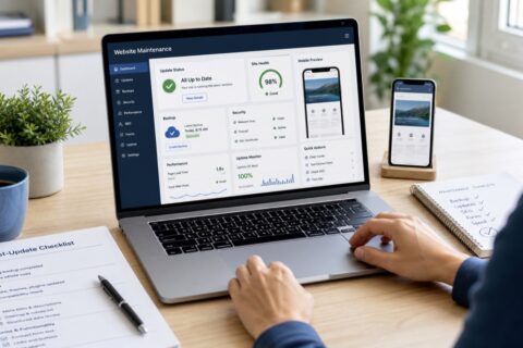 Small business website maintenance dashboard with backup, update and SEO checks