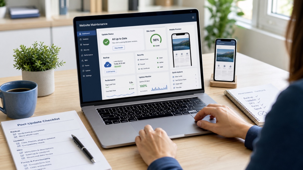Small business website maintenance dashboard with backup, update and SEO checks