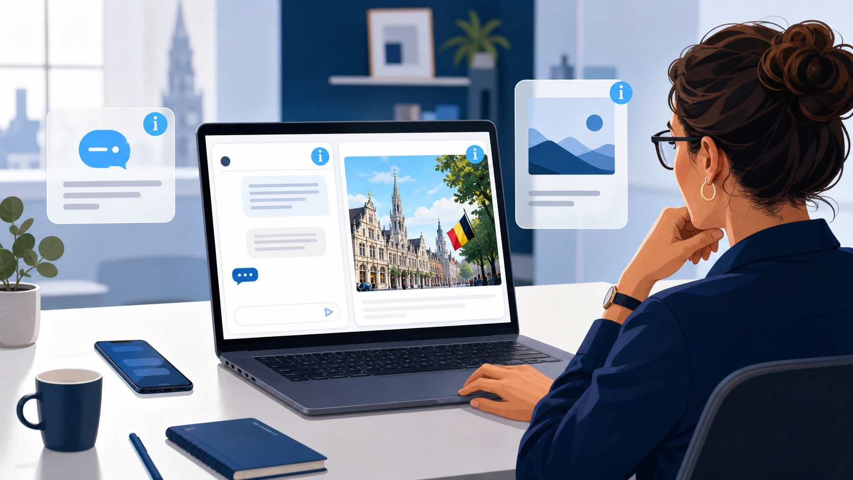 AI Transparency on Your Website: What to Disclose First 1 Belgian business owner reviewing AI chatbot and AI-generated website content with clear disclosure indicators
