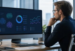 Business analyst reviewing AI search intent clusters, citation share and competitor comparison data