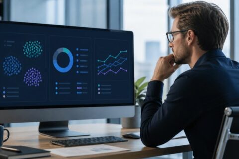 Business analyst reviewing AI search intent clusters, citation share and competitor comparison data