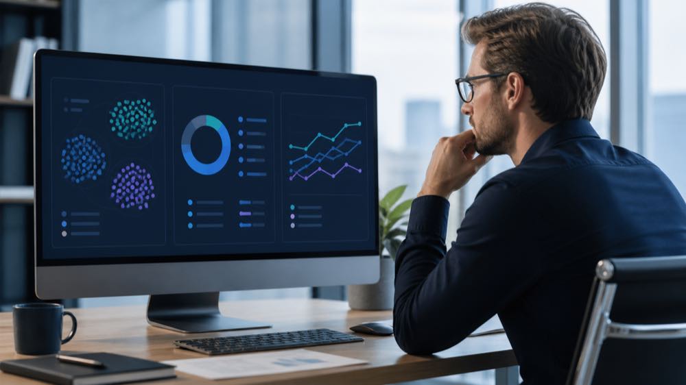 Bing AI Citation Share: What Should You Change First? 1 Business analyst reviewing AI search intent clusters, citation share and competitor comparison data